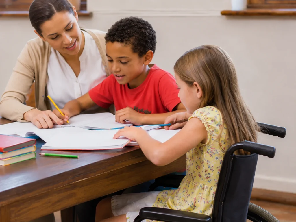 Lehrkraft unterstützt zwei Kinder beim gemeinsamen Arbeiten am Tisch, eines sitzt im Rollstuhl