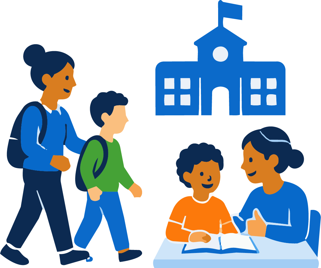 Illustration von Schulbegleitung: Erwachsene begleitet zwei Kinder vor einem Schulgebäude beim Lernen