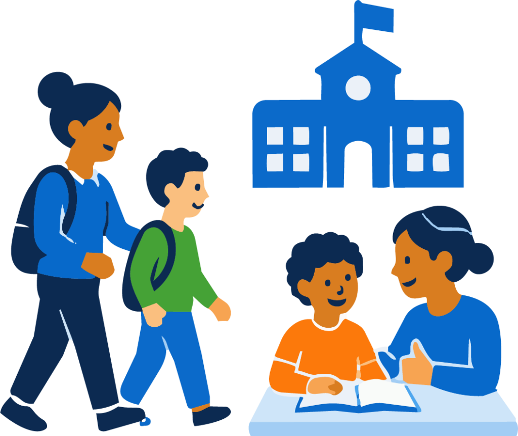 Illustration von Schulbegleitung: Erwachsene begleiten Kinder vor einer Schule und beim Lernen